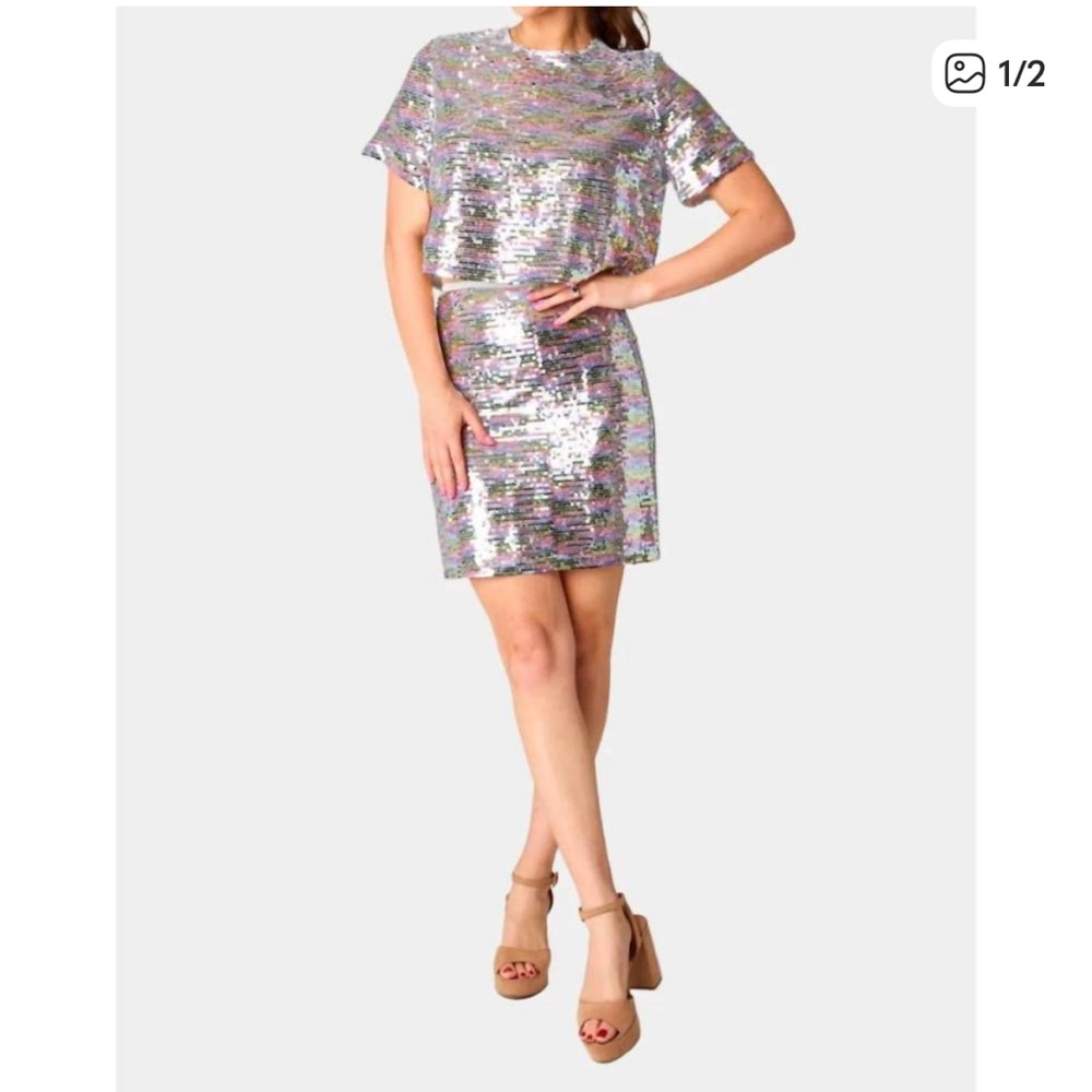 Buddy Love Silver Sequin Skirt set size small NEW WITH TAGS